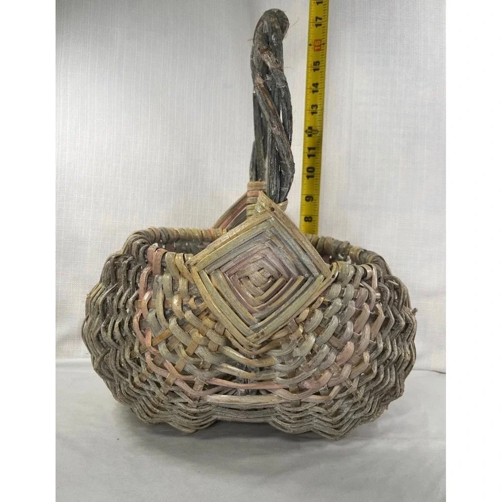 Vintage Hand Woven Rustic Egg Basket God's Eye Primitive Wicker Bentwood Handle
